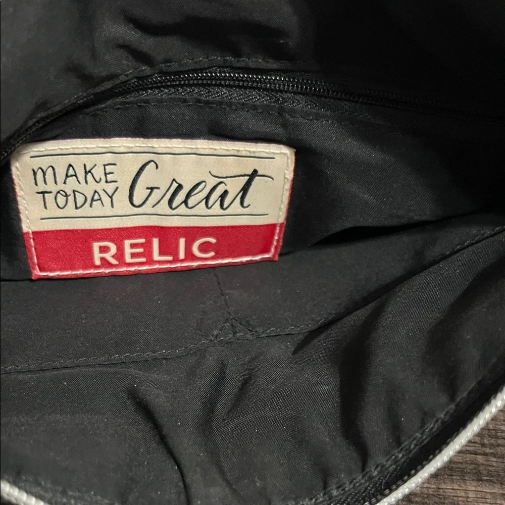Relic Black Leather Messenger Bag with White Stitching